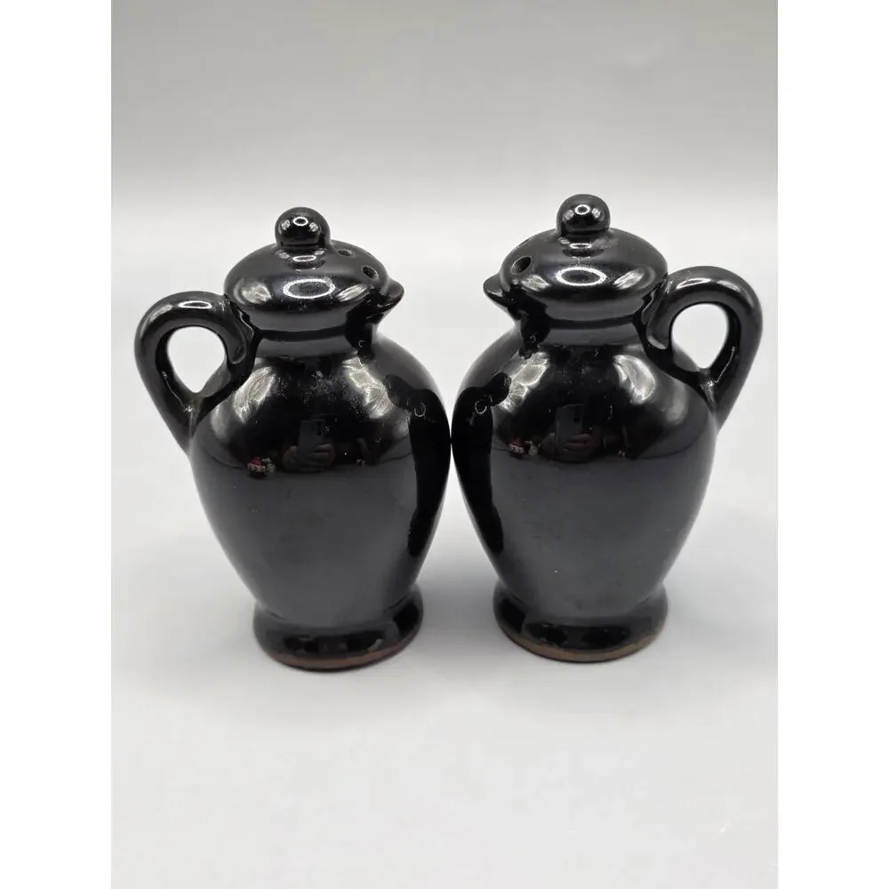 Vintage Black Pitcher Jug Salt Pepper Shaker Set Japan